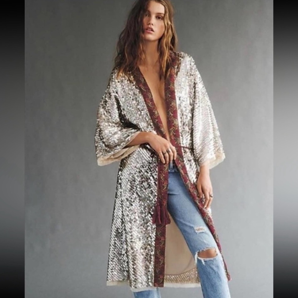 Free People Silver Sequin Light Is Coming Kimono
